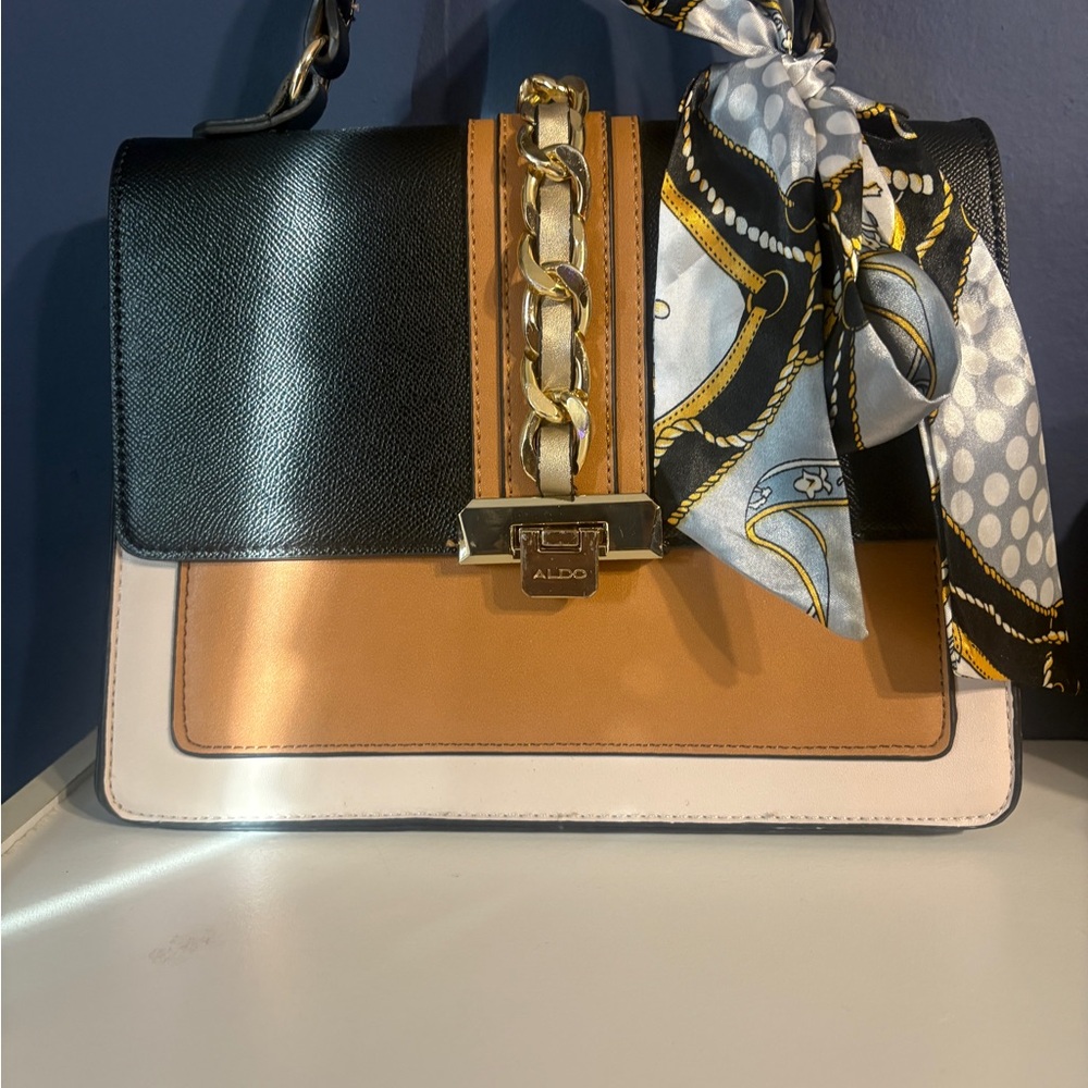 Aldo Black and Tan Shoulder Bag with Gold Accents